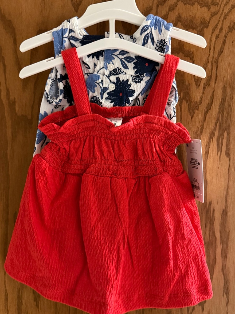 2 outfits: Red Girls' Sundress with diaper cover, Blue Floral romper